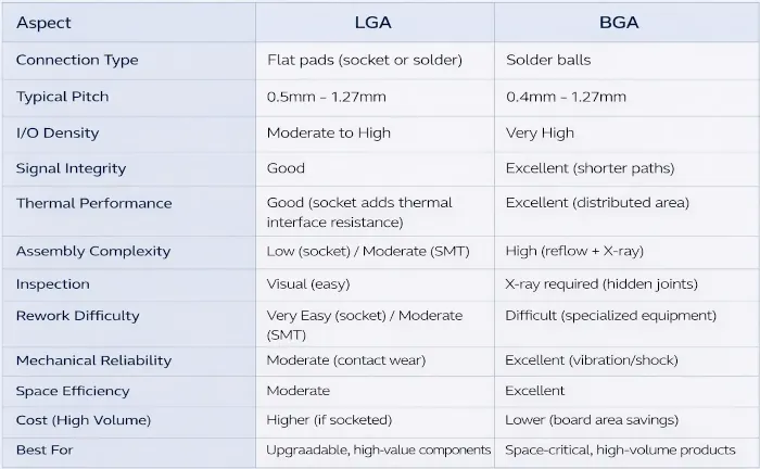 Tabla comparativa LGA vs BGA