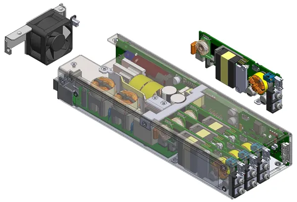 Fig. 1 Los FET de SiC alimentan la parte frontal de FLXPro, mientras que los FET de GaN impulsan las etapas de salida