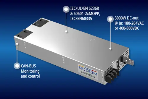 RECOM présente l'alimentation RACM3000-M de 3000 W avec bus CAN et connexion parallèle